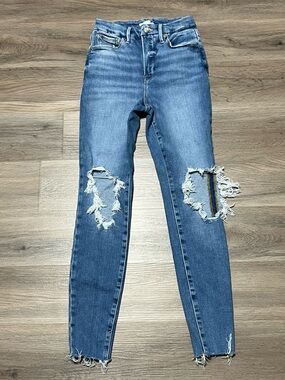 Good American 2/26 Good Waist Distressed Skinny Jeans Raw Hem Cotton Stretch